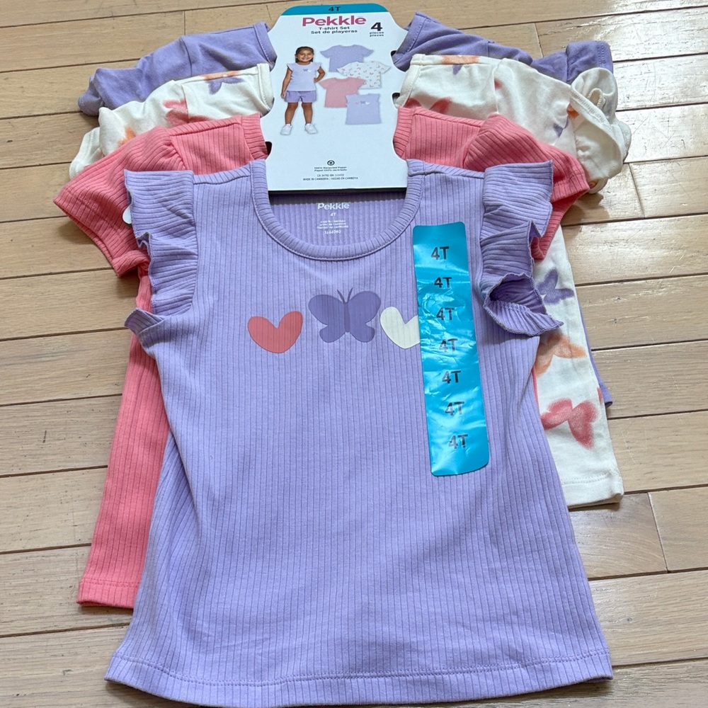 BRAND NEW 4-Pack of Pekkle Girls' Flutter Sleeve Tees - Lavender, Pink, Cream